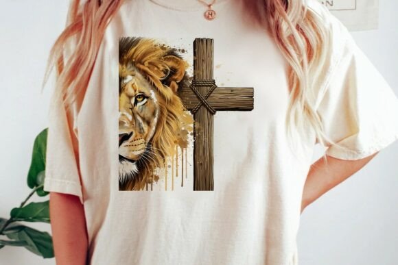 Lion of Judah Wood Cross PNG for T-Shirt Designs